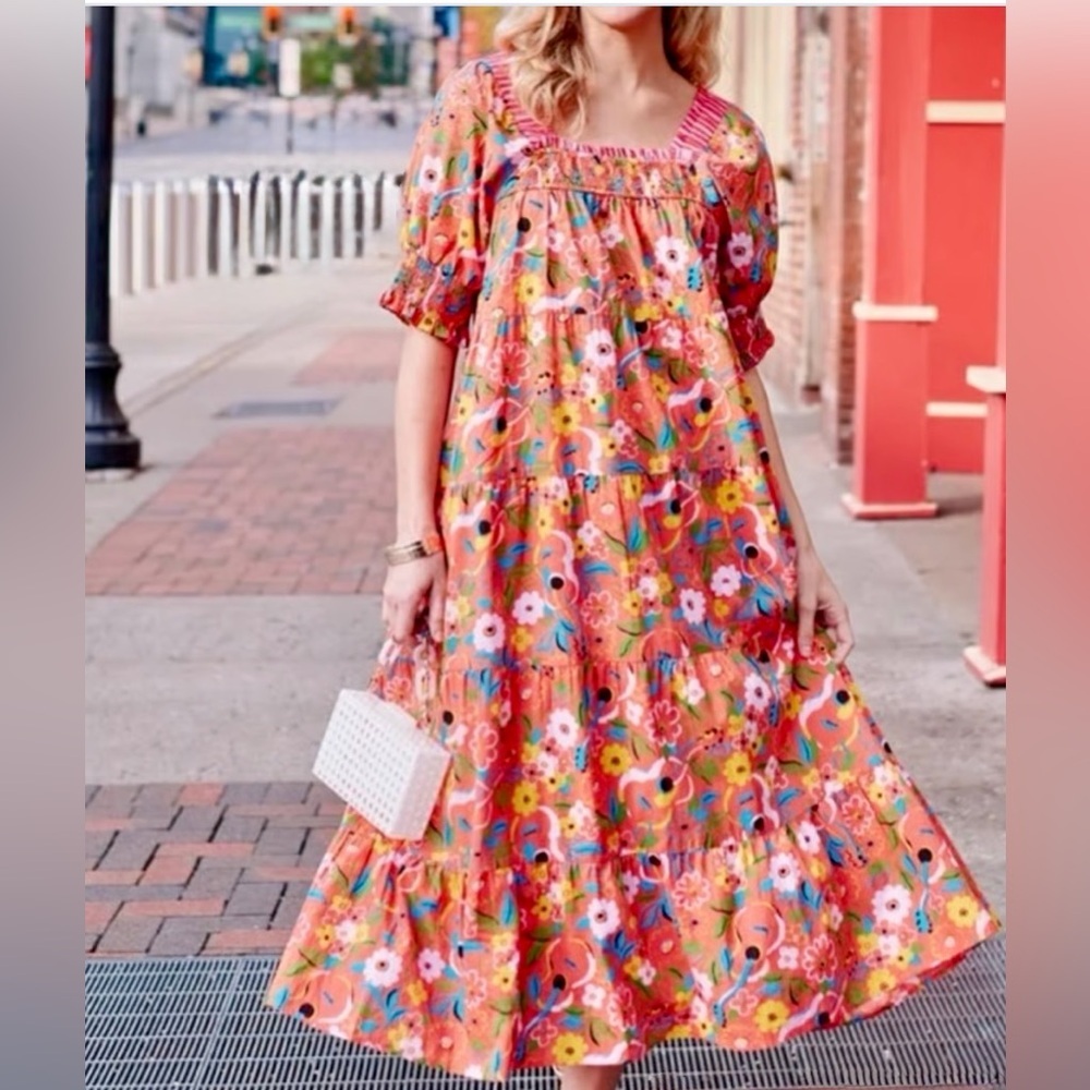 NWT Printfresh The Muse Dress Peach Cobbler Short Sleeve Midi Dress S